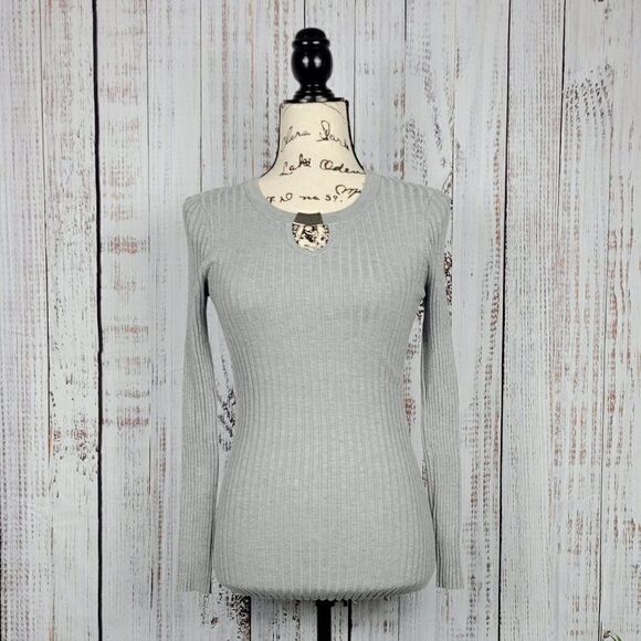 Motive Women's Medium Grey Ribbed Fitted Dressy Chic Casual Buckle Sweater - Picture 1 of 8
